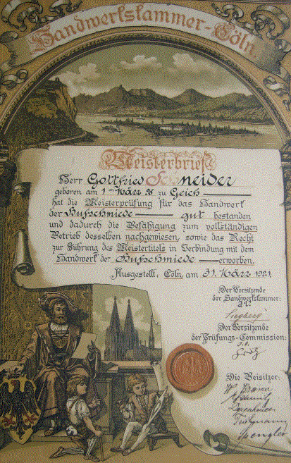 Meisterbrief Gottfried Schneider, Handwerkskammer Köln