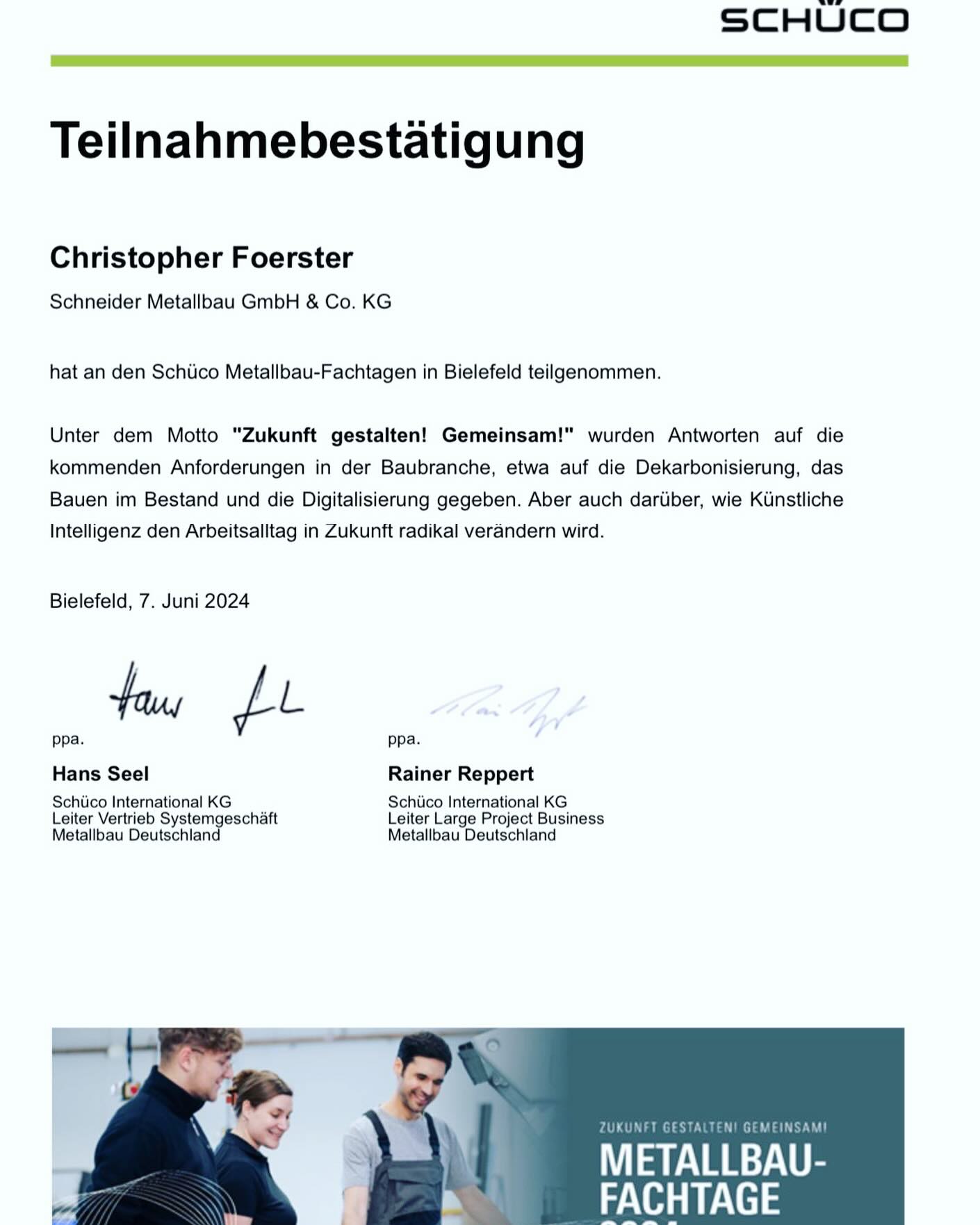 Teilnahmebestätigung Schüco Metallbau-Fachtage