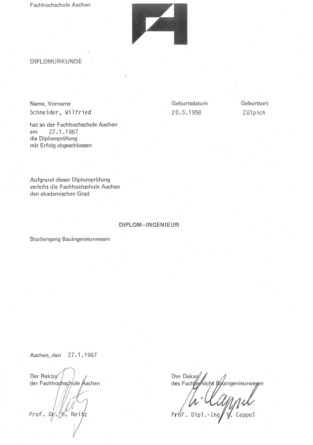Diplomurkunde Wilfried Schneider, Bauingenieurwesen, Fachhochschule Aachen