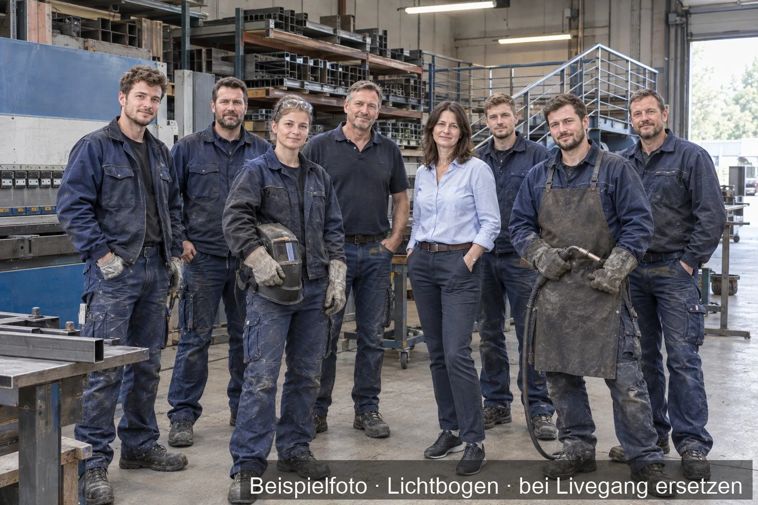 Acht Personen in Arbeitskleidung stehen in einer Schlosserei vor einer Abkantpresse.