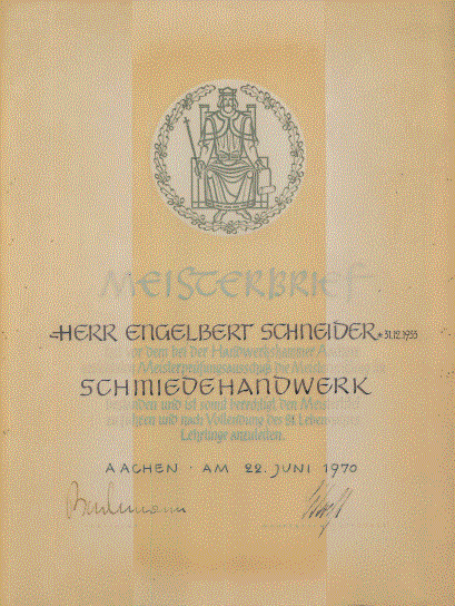 Meisterbrief Engelbert Schneider, Schmiedehandwerk, Handwerkskammer Aachen